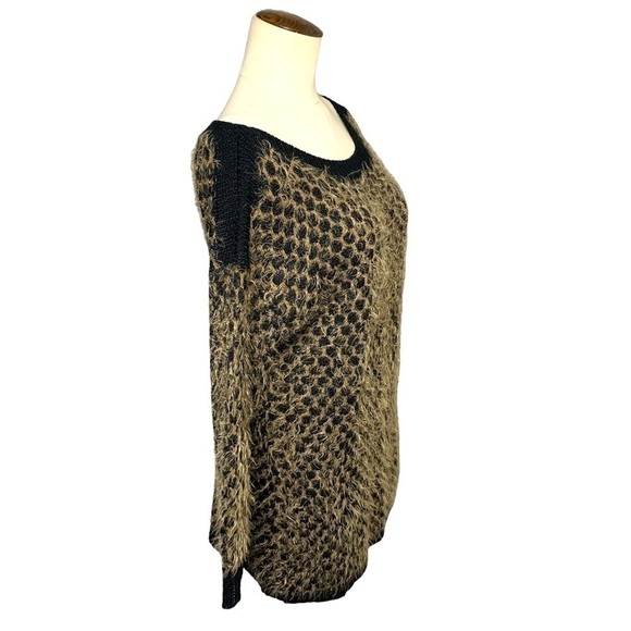 Marble Black Brown Knit Sweater Fuzzy Boat Neck Long Sleeves Slit Back Sz Medium - Picture 2 of 11